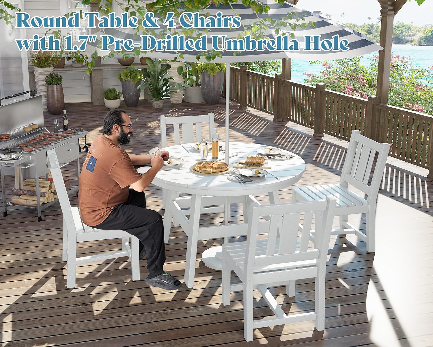 AMERLIFE 5 Piece HDPE Patio Dining Table Set, All-Weather Outdoor Table and Chairs Set Furniture with Umbrella Hole for Garden, Backyard, Poolside, Seaside, White