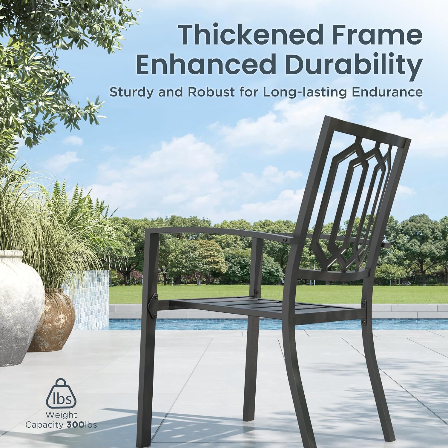PHI VILLA 5 Piece Metal Outdoor Table and Chairs, 34.2' Metal Square Table with Umbrella Hole & Stackable Wrought Iron Chairs, All Weather Large Furniture Set for Patio, Deck, Backyard, Porch - Black