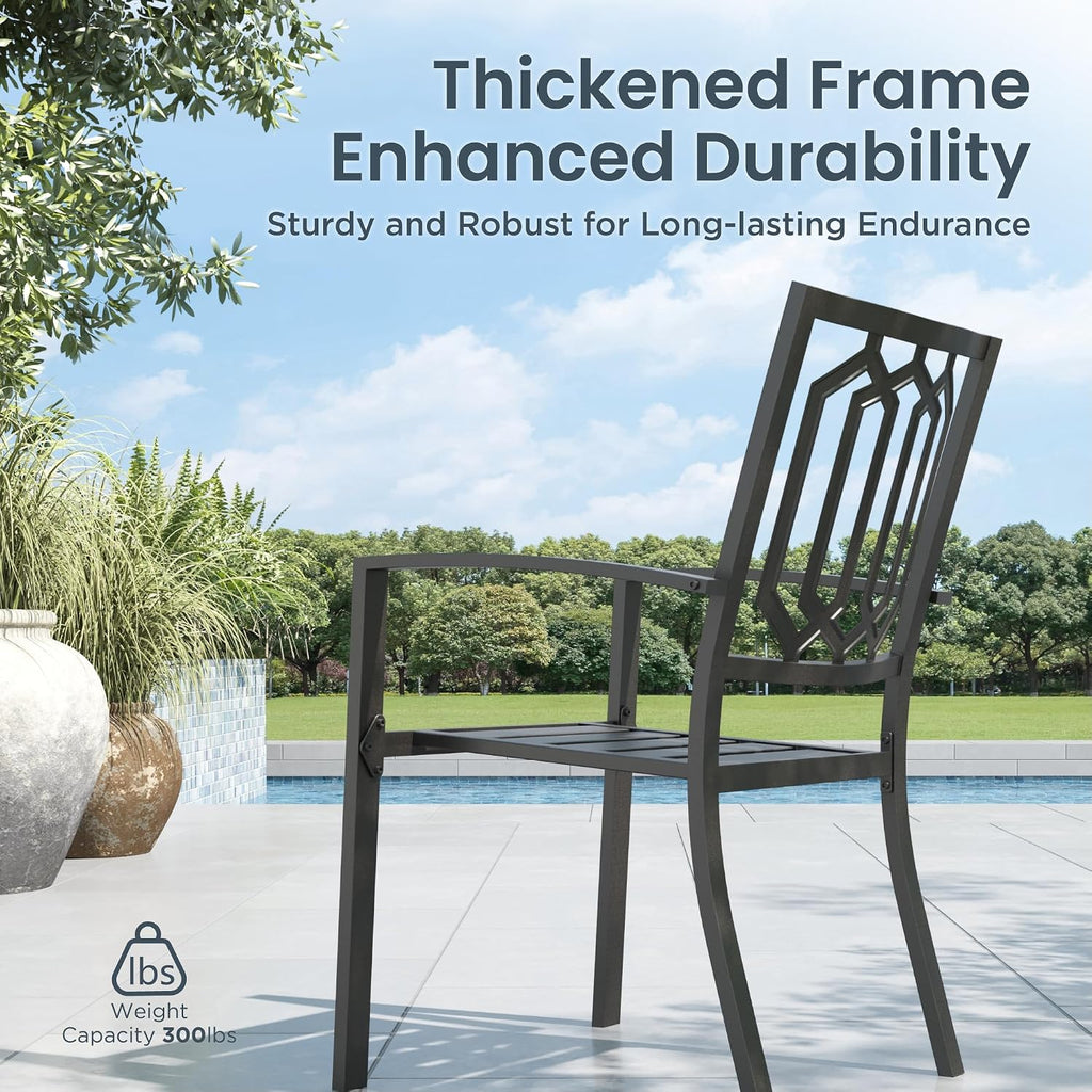 PHI VILLA 7 Piece Outdoor Dining Set for 6, 60' Rectangular Metal Steel Table with Umbrella Hole & Stackable Chairs, Heavy-Duty Furniture Set for Patio, Deck, Yard, Porch - Black