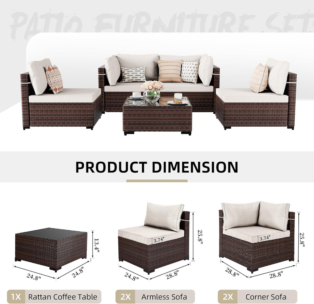 UPHA 5 Pieces Patio Furniture Sets, Wicker Outdoor Sectional Sofa Couch with Coffee Table, Patio Conversation Set for Deck Backyard Garden, Brown Rattan, White Cushion