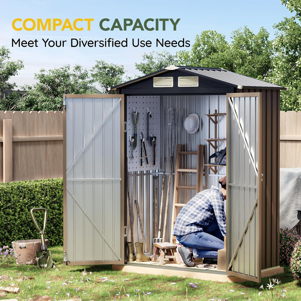 Breezz 5x3FT Outdoor Steel Storage Shed, Lockable Doors, Compact Metal Tool Shed for Garden, Backyard, Patio, Utility, and Bike Storage,Brown