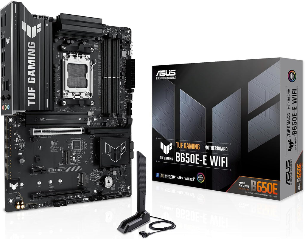 ASUS TUF GAMING B650E-E WIFI AMD AM5 B650 ATX motherboard, 8+2+1 80A DrMOS stage, DDR5, PCIe 5.0 Ready, 3x M.2, Wi-Fi 6E, 2.5 Gb LAN, DisplayPort, HDMI™, USB 20Gbps Type-C®, BIOS FlashBack™, Aura Sync