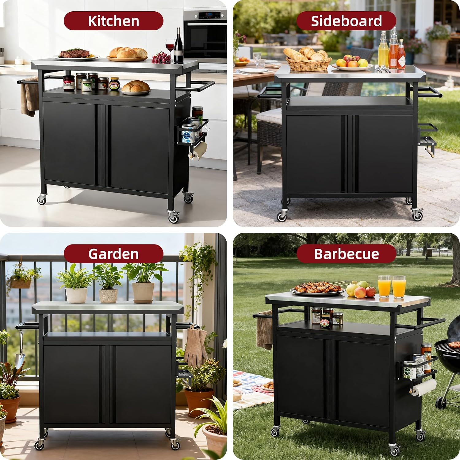 Nessxa Outdoor Grill Cart Bar Cart with Storage Cabinet for Grilling Accessories, XL Portable Outdoor Grill Table with Stainless Steel Top for Kitchen Prep, Lawn & Garden（Black）