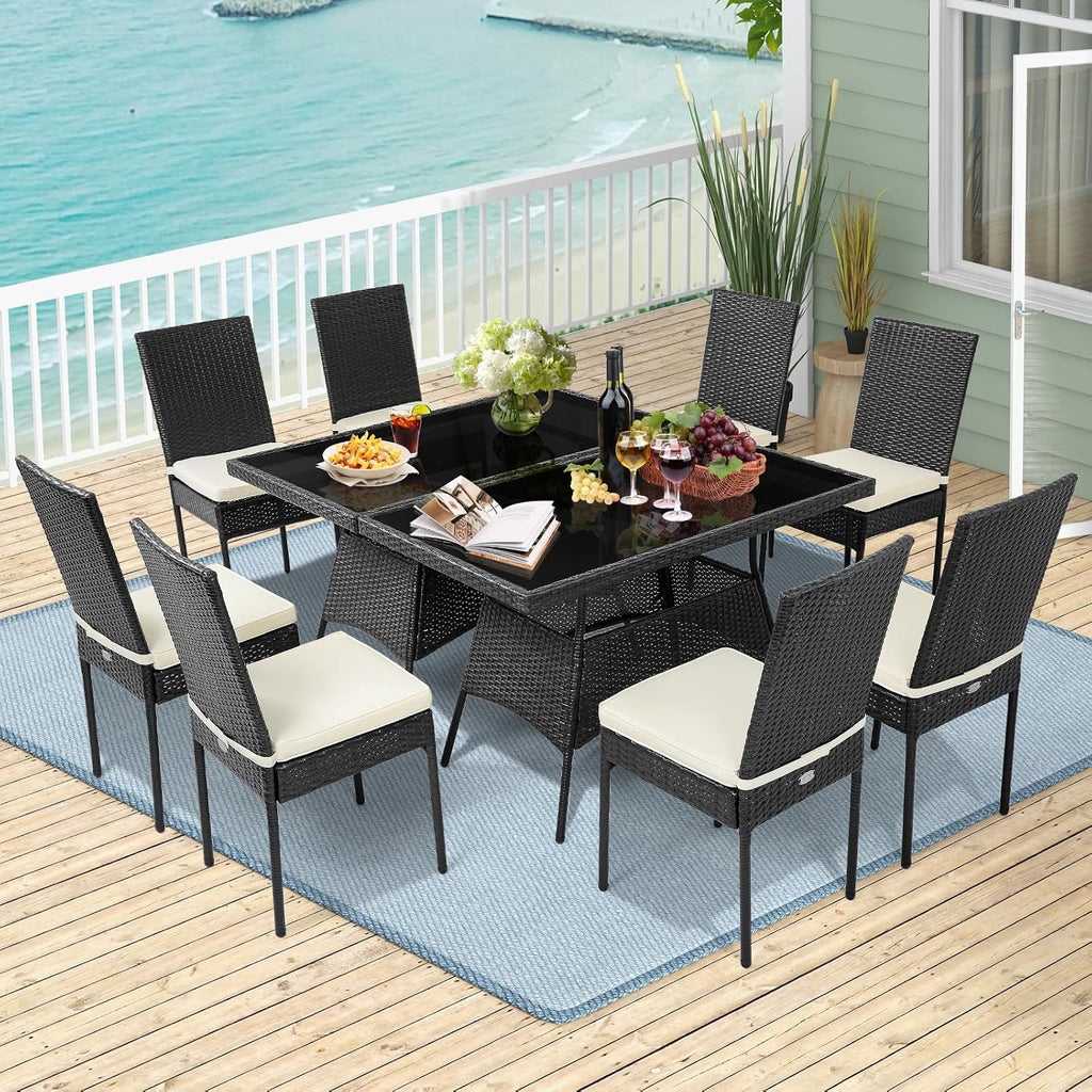 Tangkula 10 Pieces Wicker Patio Dining Set, Outdoor Rattan Table & Chairs Set with Padded Cushions, Patio Furniture Dining Glass Table Set for Balcony Patio Garden Poolside
