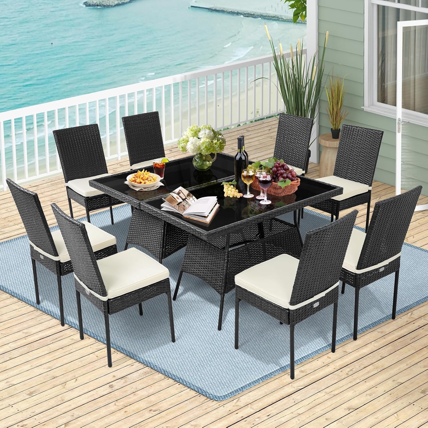 Tangkula 10 Pieces Wicker Patio Dining Set, Outdoor Rattan Table & Chairs Set with Padded Cushions, Patio Furniture Dining Glass Table Set for Balcony Patio Garden Poolside
