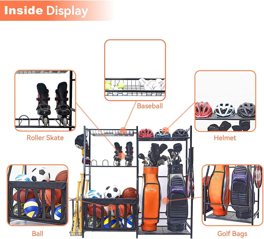 WALMANN Garage Sports Equipment Organizer, Golf Bag Stand for Garage Ball Storage Rack Indoor/Outdoor Kids Toys Storage Organizer Bins, Ball Holder with Baskets