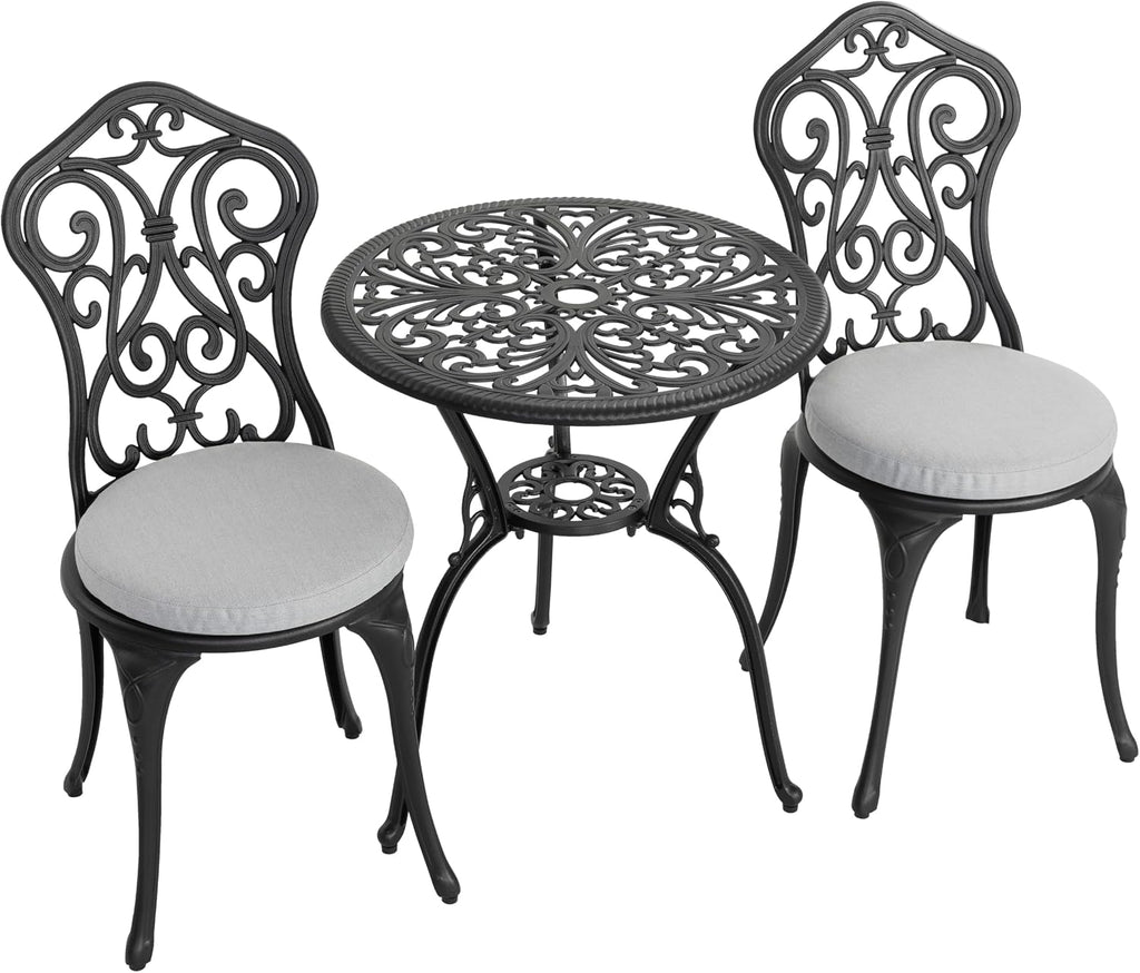NUU GARDEN 3 Pieces Patio Bistro Set, Outdoor Bistro Set with 2 Chairs, Round Table with Umbrella Hole, Outdoor Bistro Set with Umbrella Hole and Grey Cushions, Black