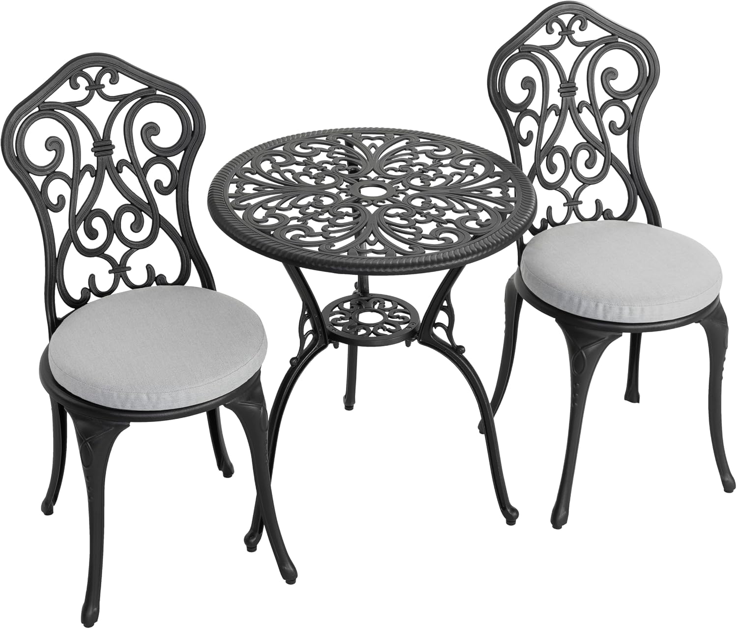 NUU GARDEN 3 Pieces Patio Bistro Set, Outdoor Bistro Set with 2 Chairs, Round Table with Umbrella Hole, Outdoor Bistro Set with Umbrella Hole and Grey Cushions, Black