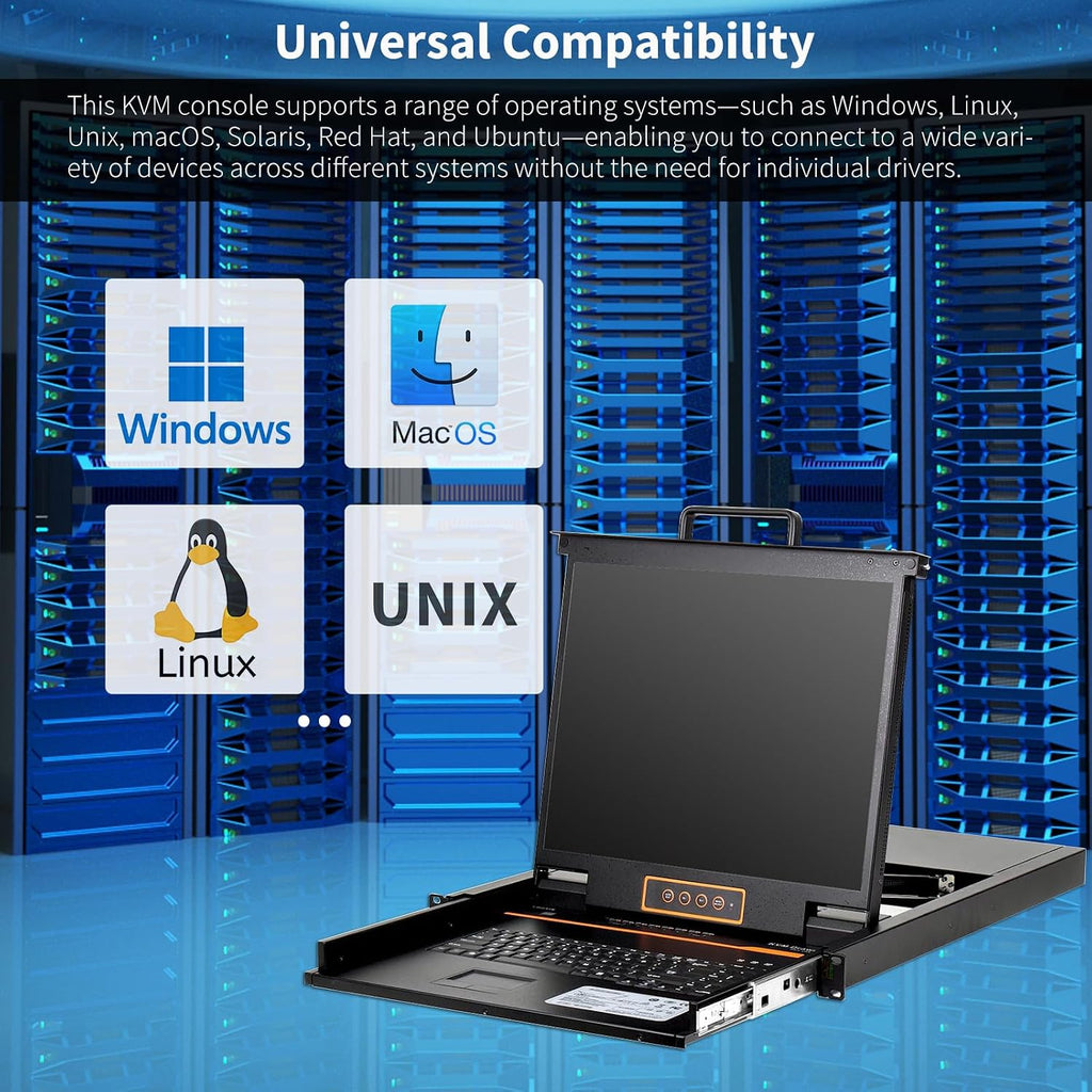 1U Rack Mount KVM Console Built-in 8 Port VGA KVM Switch, 19' Rackmount Monitor Keyboard Touchpad, OSD/Hotkey/Button Switch,1280X1024@60Hz 5:4 Ratio, Incl. Cables,Compatible with Windows,Linux,Mac,Sun