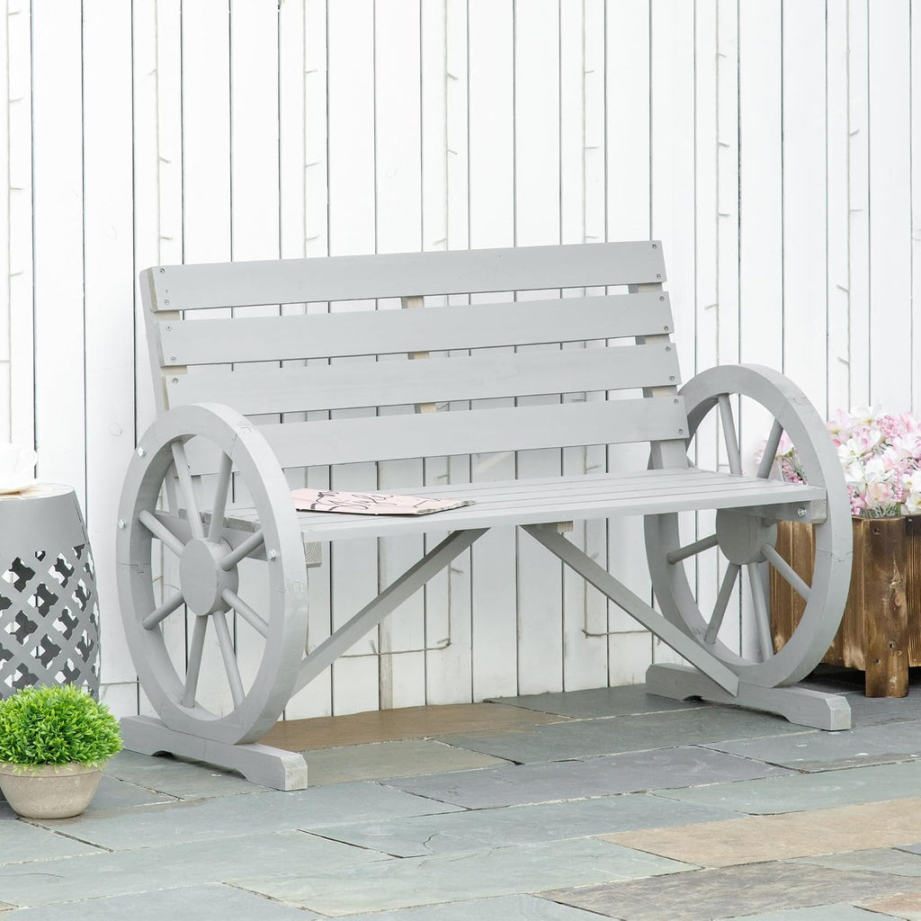 Outsunny 41' Wooden Wagon Wheel Bench, Rustic Outdoor Patio Weather Resistance Furniture, 2-Person Slatted Seat Bench with Backrest, Light Gray
