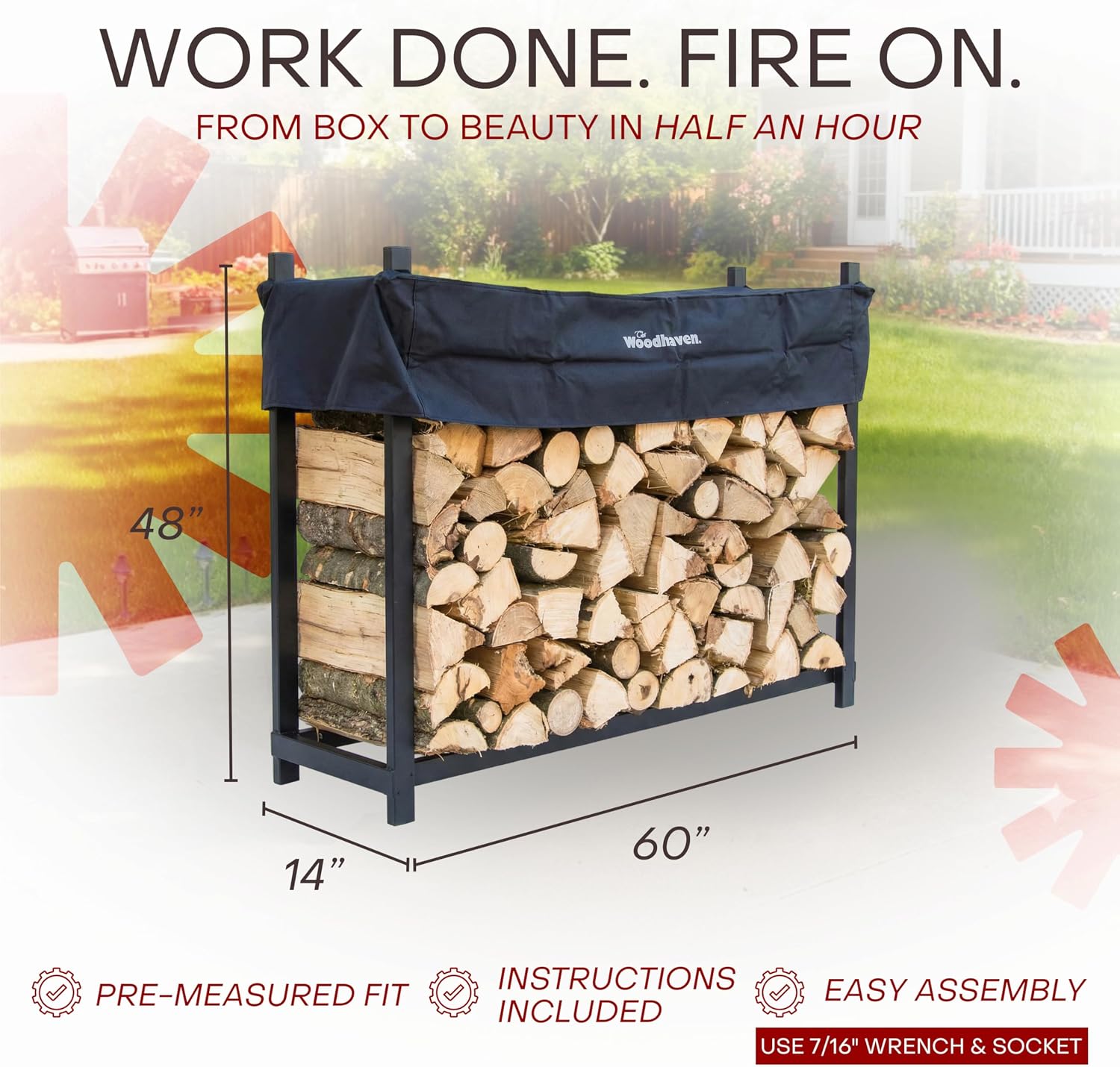 Woodhaven 5-Foot Firewood Rack – American Brand – 1/4 Plus Cord Raised Lumber Storage Rack – Keeps Wood Dry & Ready – Heavy-Duty Steel, Lifetime Structural Warranty (With Cover)