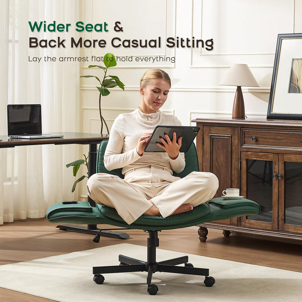 amseatec Criss Cross Office Chair, PU Leather Vanity Chair with 5-Level Adjustable Armrests & Swivel, Ergonomic Criss Cross Chair for Home Office Bedroom Makeup（Green）