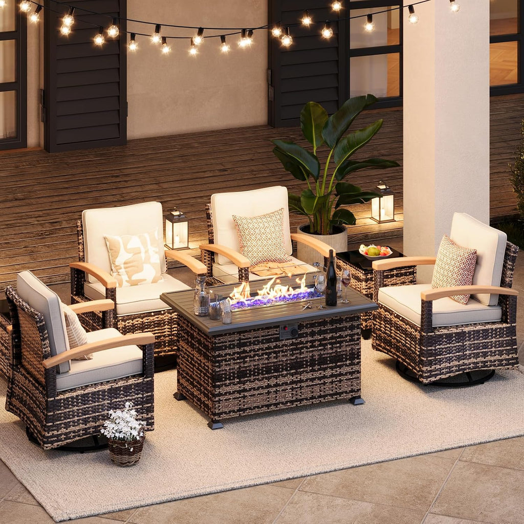 MEISSALIVVE 7 Pieces Patio Furniture Sets with Fire Pit Table, Wicker Outdoor Conversation Sets with 4 Swivel Rocker Chairs and Side Table(Beige)