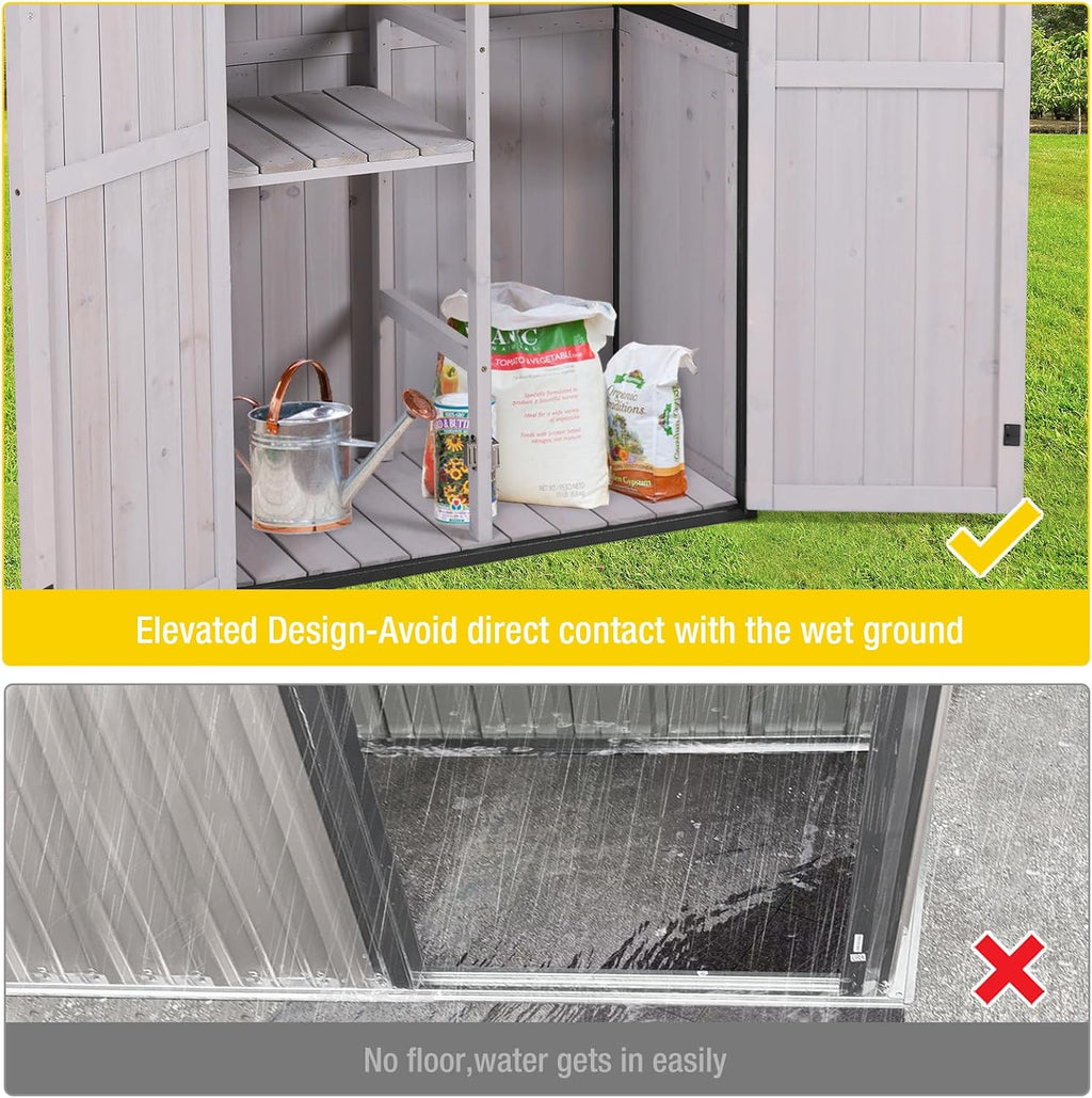 Outdoor Storage Shed,Vertical Wooden Tool Shed with Waterproof Roof,Adjustable 3 Tiers Shelves,Storage Tool Cabinet Box with Metal Frame Sloped Roof for Backyard Garden Patio Lawn (Off White)