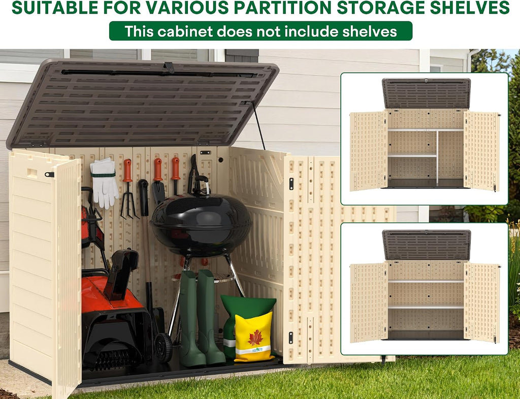 Outdoor Storage Shed, 30 Cu Ft Waterproof Horizontal Resin Storage Cabinet, Weather-Resistant Garden Shed Trash Can Storage with Pad-Lockable Doors for Backyards (Khaki)