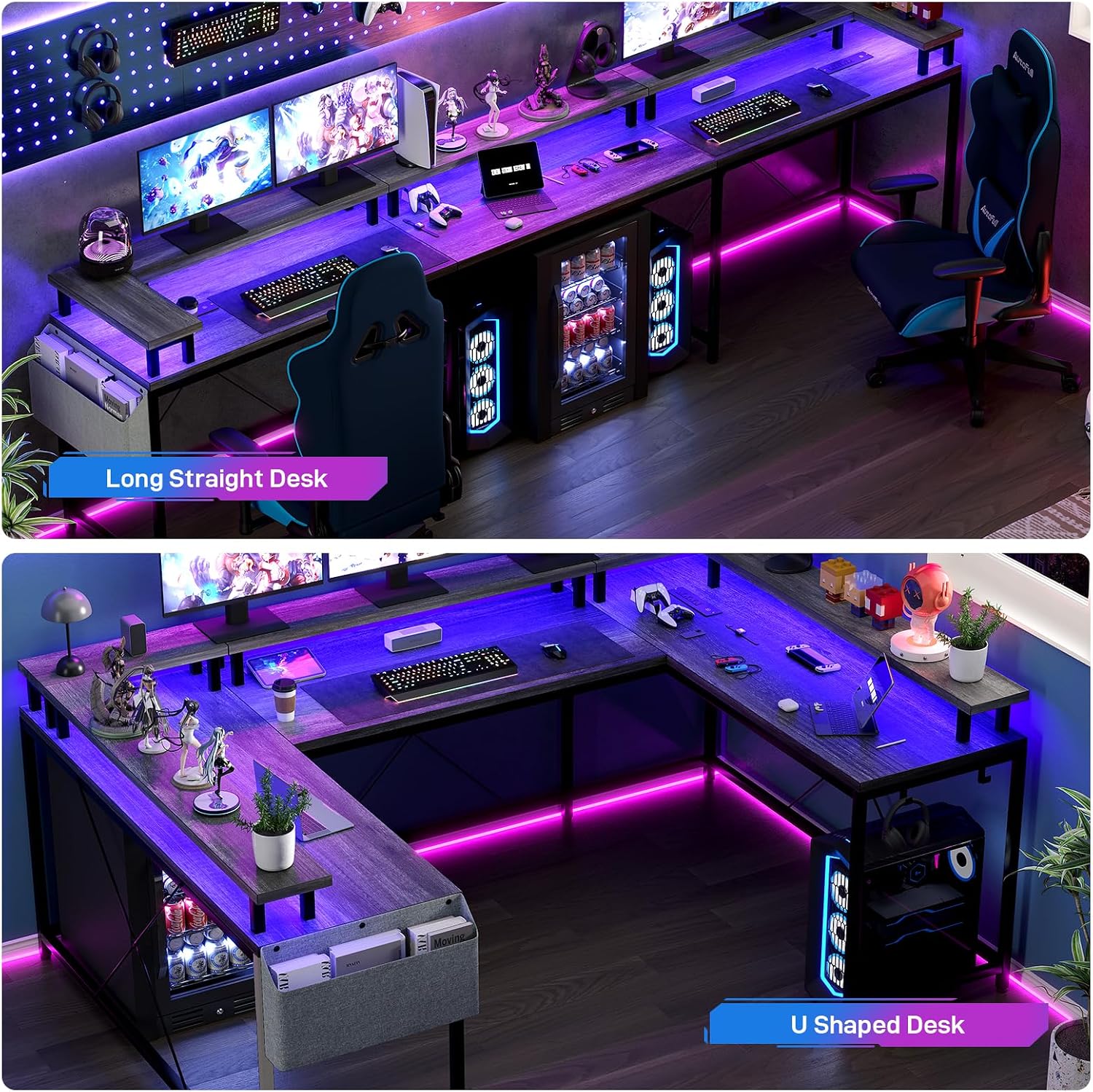 Garvee 79 Inch u Shaped Computer Desk,Large Gaming Desk with Power Outlets & LED Lights,Reversible l Shaped Desk for Home Office Work and Gaming,Gray