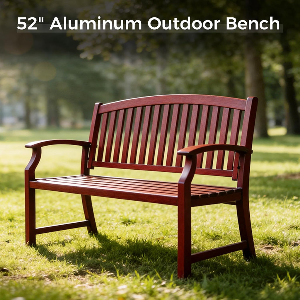 Grand patio 52' Farmhouse Outdoor Bench, Garden Benches with Anti-Rust Aluminum Powder Coated Frame, Faux Wood Grain Finish Frame Patio Bench for Front Porch, Red