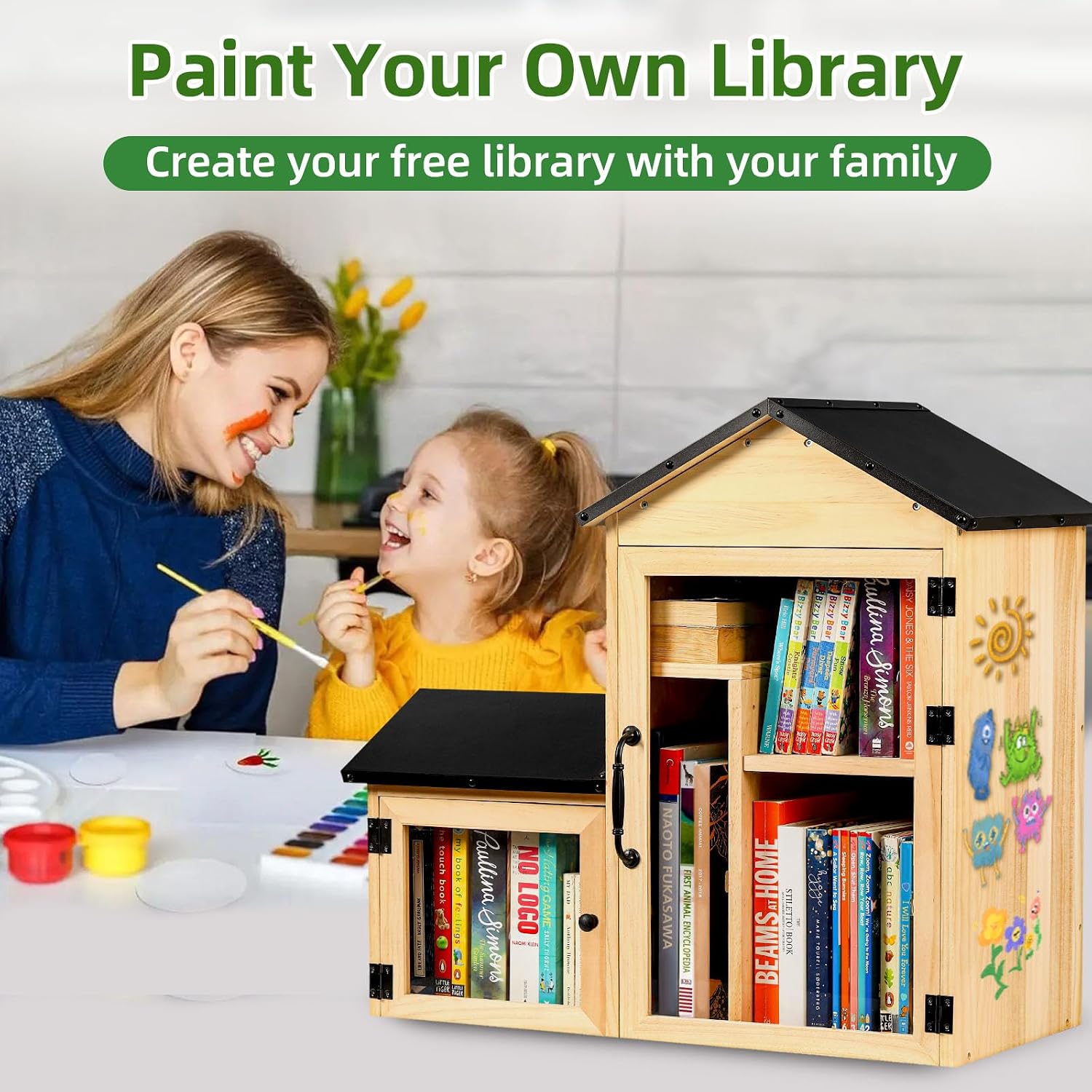Outdoor Library Book Box, Solid Wood Free Library with Large & Small Compartments, Waterproof Coating & Metal Joint Trim, Adjustable Storage, Easy Install Community Book, Literature, Newspaper Sharing