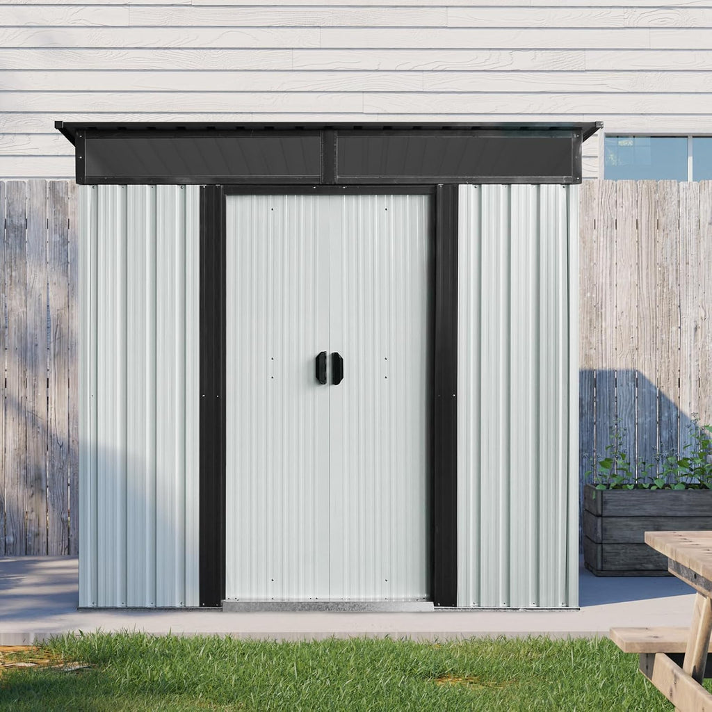 Ball & Cast 6x5 FT Outdoor Metal Storage Shed,Waterproof Garden Organizer Tool House with Lockable Sliding Doors and Transparent Plate,Aluminum Backyard Cabinet W/Ventilation,for Bike,White+Black
