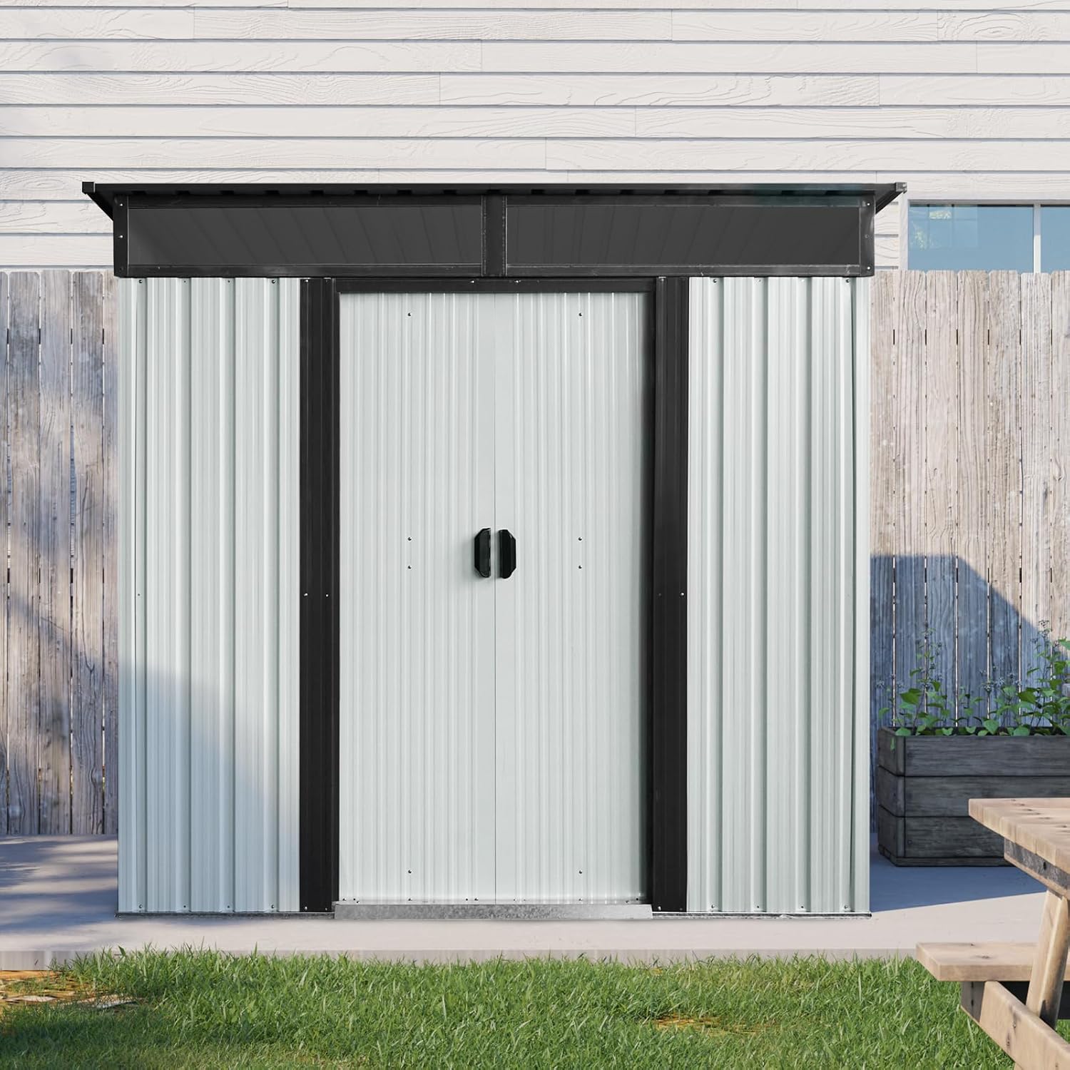Ball & Cast 6x5 FT Outdoor Metal Storage Shed,Waterproof Garden Organizer Tool House with Lockable Sliding Doors and Transparent Plate,Aluminum Backyard Cabinet W/Ventilation,for Bike,White+Black