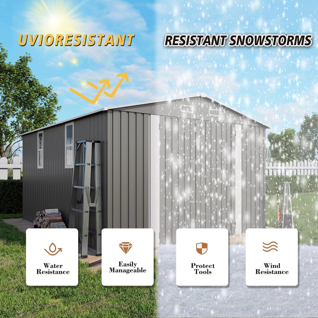 10x12x6.7FT Outdoor Storage Shed, Galvanized Steel Garden Shed with Lockable Door & Window, Waterproof Metal Tool Storage for Garden, Backyard, Patio, Lawn