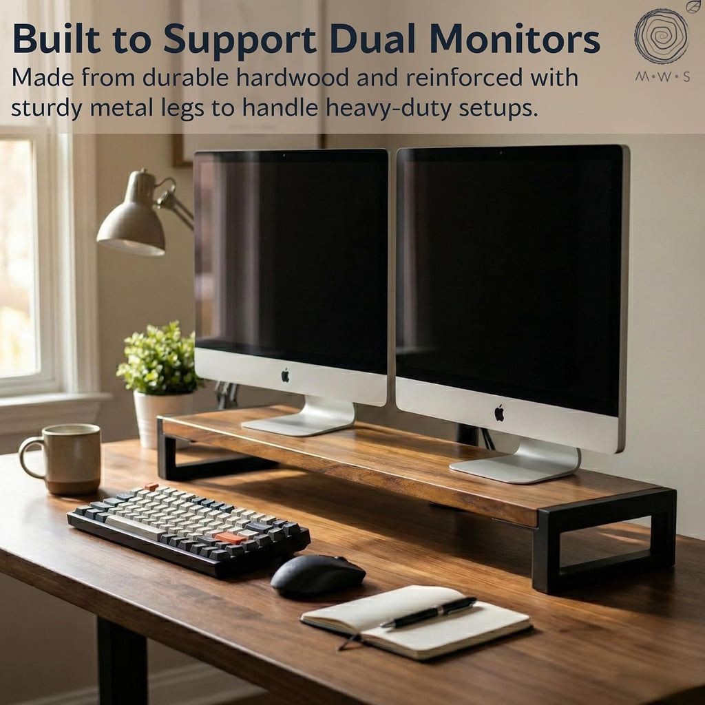 Dual Monitor Stand Riser for Desk – 40' Wide Walnut Solid Wood Desk Riser with Metal U-Legs, Scratch-Resistant, Hassle-Free Assembly