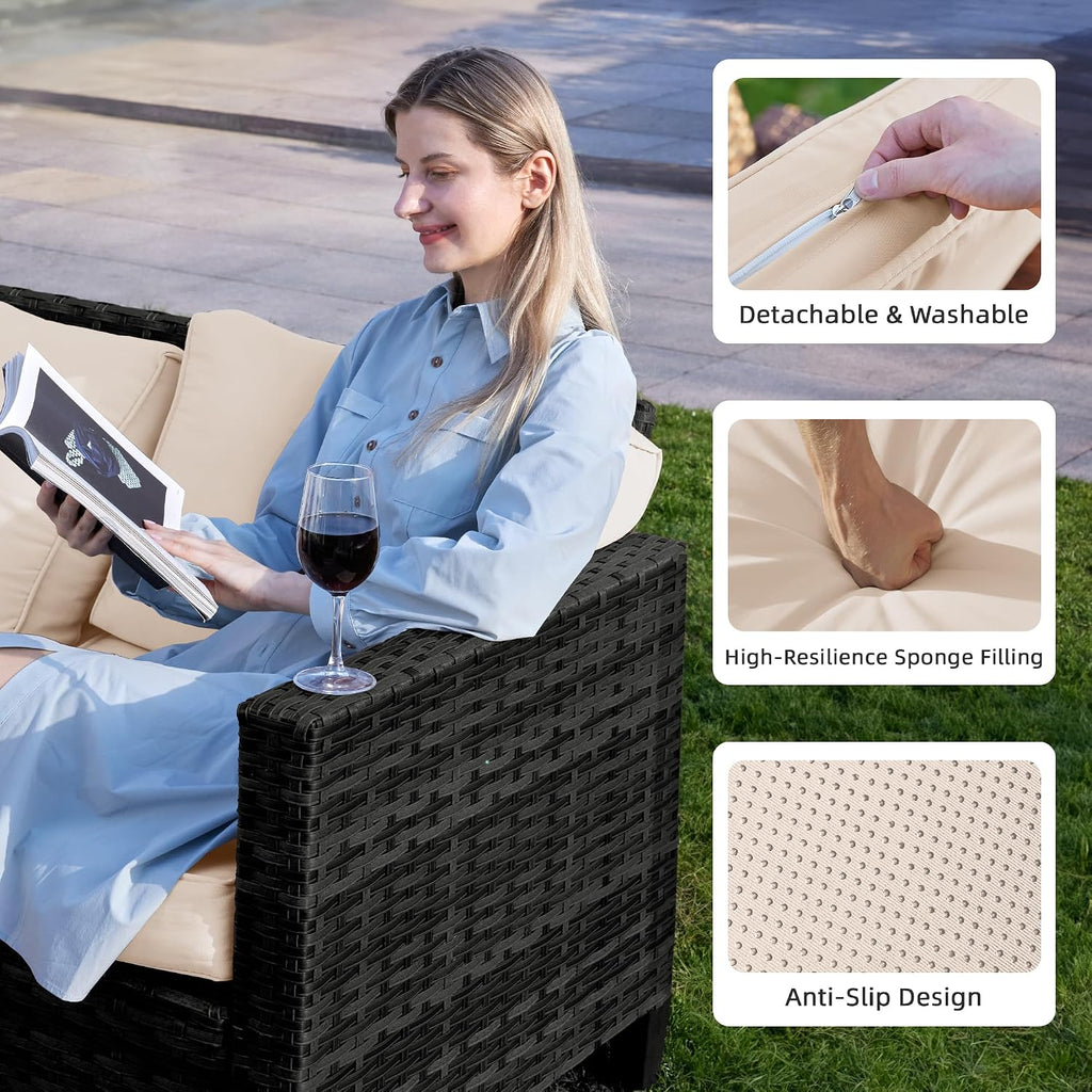 UDPATIO Patio Furniture Set with Fire Pit Table, Rocking Swivel Chairs, 5 Pieces Outdoor Furniture Sets, All-Weather Wicker Outdoor Sectional Sofa with Waterproof Cover, 4'' Thickened Cushion, Khak