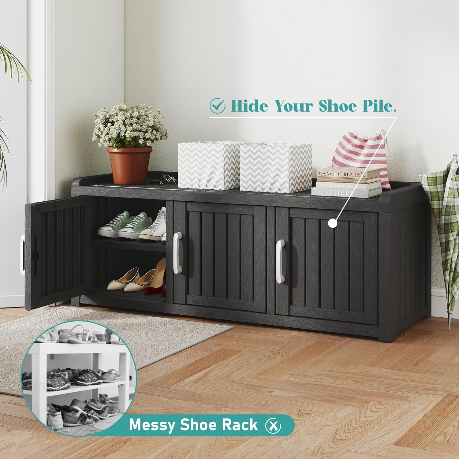 KAMABOKO Outdoor Shoe Storage Cabinet Waterproof UV-Resistant, Entryway Storage Bench Indoor Outdoor with 3 Barn Doors, Adjustable Shelves for Entryway, Bedroom, Hallway,Living Room(Black)