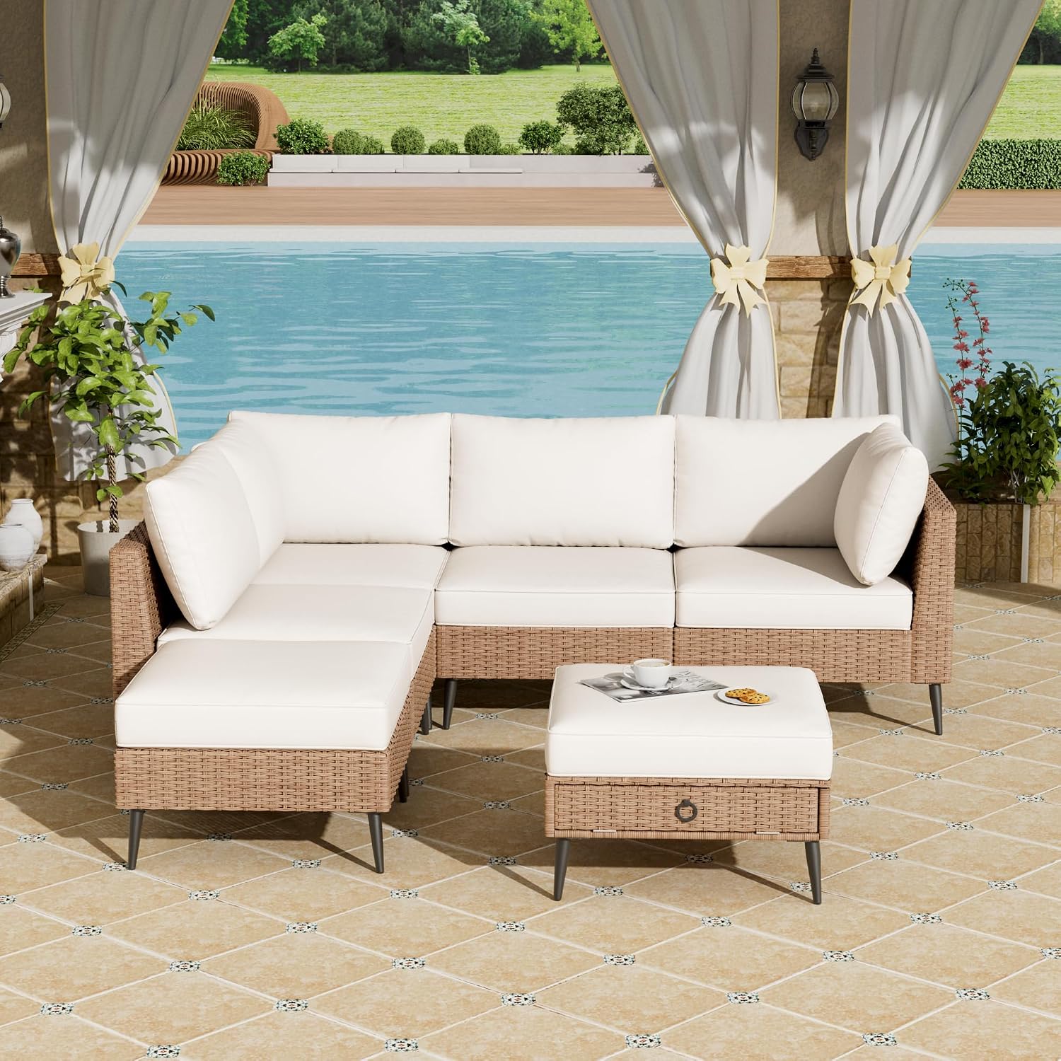 LVUYOYO 6 Pieces Outdoor Patio Furniture Set, Wicker Sectional Sofa Set for All-Weather, Rattan Conversation Sets with Cushions and Storage for Deck, Backyard, Porch (Khaki)