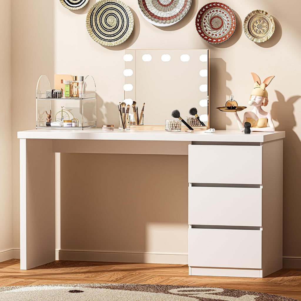furtble White Desk with Drawers, 47'' W Home Office Desk Gaming Table, Modern Vanity Desk with Storage, Wood Computer Desk Writing Workstation for Bedroom, Living Room