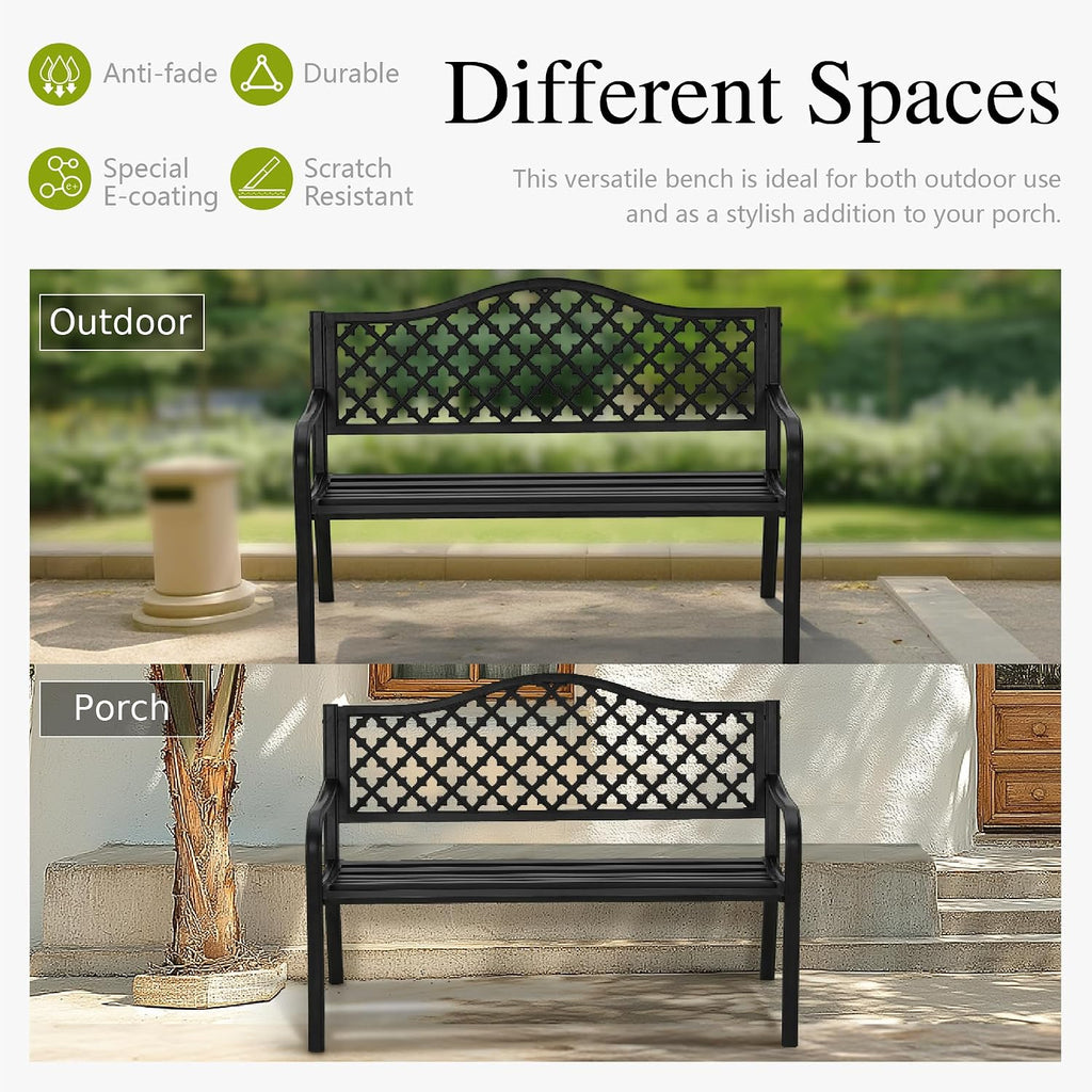 Sophia & William Outdoor Bench, 50 inches Metal Garden Bench, Cast Iron Park Benches for Outside with Floral Backrest and Straight Legs for Porch Yard Lawn Deck,Black