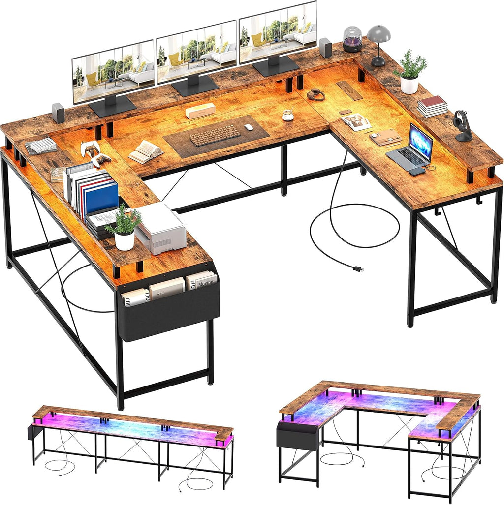 Garvee 79 Inch u Shaped Computer Desk,Large Gaming Desk with Power Outlets & LED Lights,Reversible l Shaped Desk for Home Office Work and Gaming,Rustic Brown