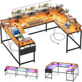 Garvee 79 Inch u Shaped Computer Desk,Large Gaming Desk with Power Outlets & LED Lights,Reversible l Shaped Desk for Home Office Work and Gaming,Rustic Brown