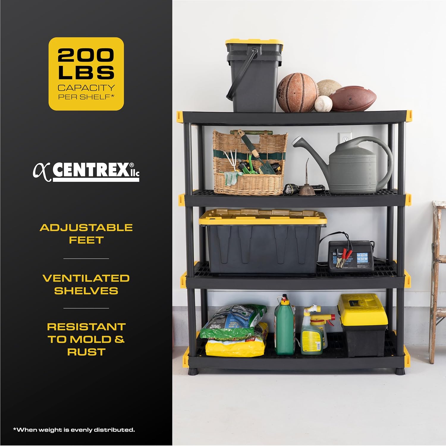 CX Black & Yellow, 4-Tier Heavy Duty Plastic Storage Shelves that Support up to 200lbs/shelf, Organization and Storage, Weather-Resistant Design, Easy Assembly (55'H x 48'W x 20'D)