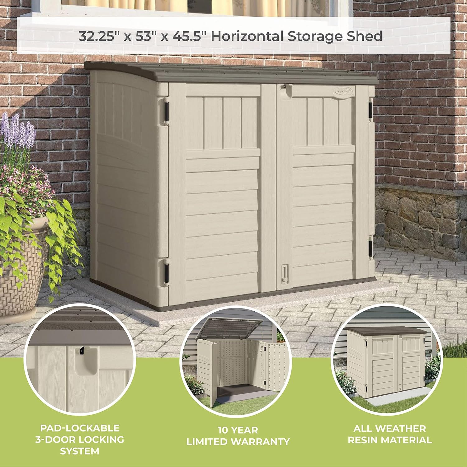 Suncast 4 Pack 34 Cu Ft Capacity Horizontal Outdoor Storage Shed for Garbage Cans, Garden Accessories, Backyard, and Patio Use, Vanilla