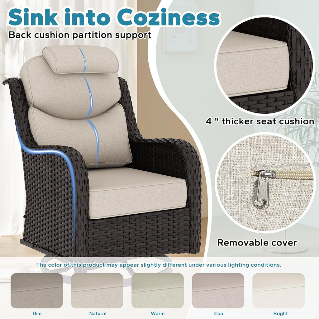 Patio Swivel Rocker Chairs of 2 with Ottomans and Side Table, 5 Pieces Patio Furniture Set, Outdoor Wicker High Back Glider Armchairs with Washable and Water-Resistant Cushions (Beige)