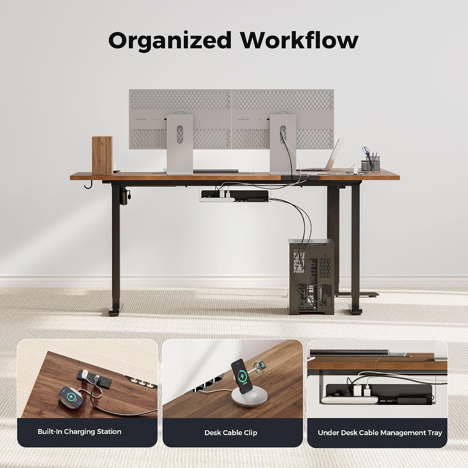 Agilestic Electric L Shaped Standing Desk 75 x 61 Inch with Power Outlet, Height Adjustable Corner Stand up Desk with Cable Management,Sit Stand Home Office Workstation with Splice Board, Dark Walnut