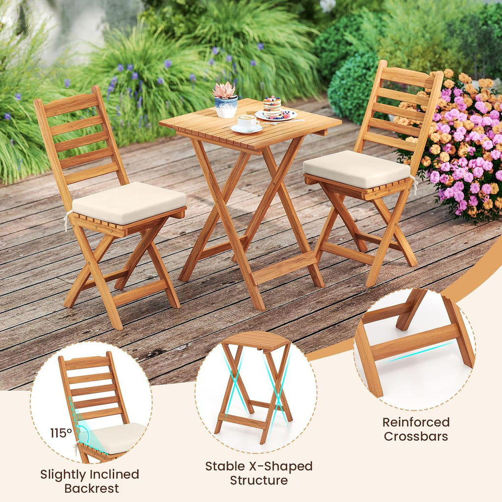 HAPPYGRILL 3-Piece Folding Bistro Set Acacia Wood Patio Furniture Set with Seat Cushions, Outdoor Square Table and Chairs Set of 2 for Backyard, Balcony, Porch, Garden (Back Style A)