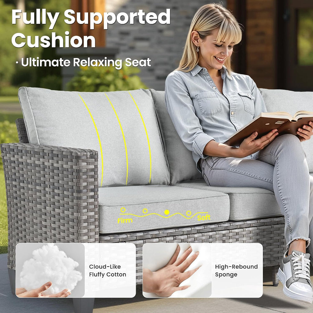 ovios 9 Pieces Patio Furniture Set, Outdoor Wicker Sofa Couch with Rocking Swivel Chairs Solar Lights Table, Modern Deep Seat Rattan Conversation Sets for Deck Porch, Grey