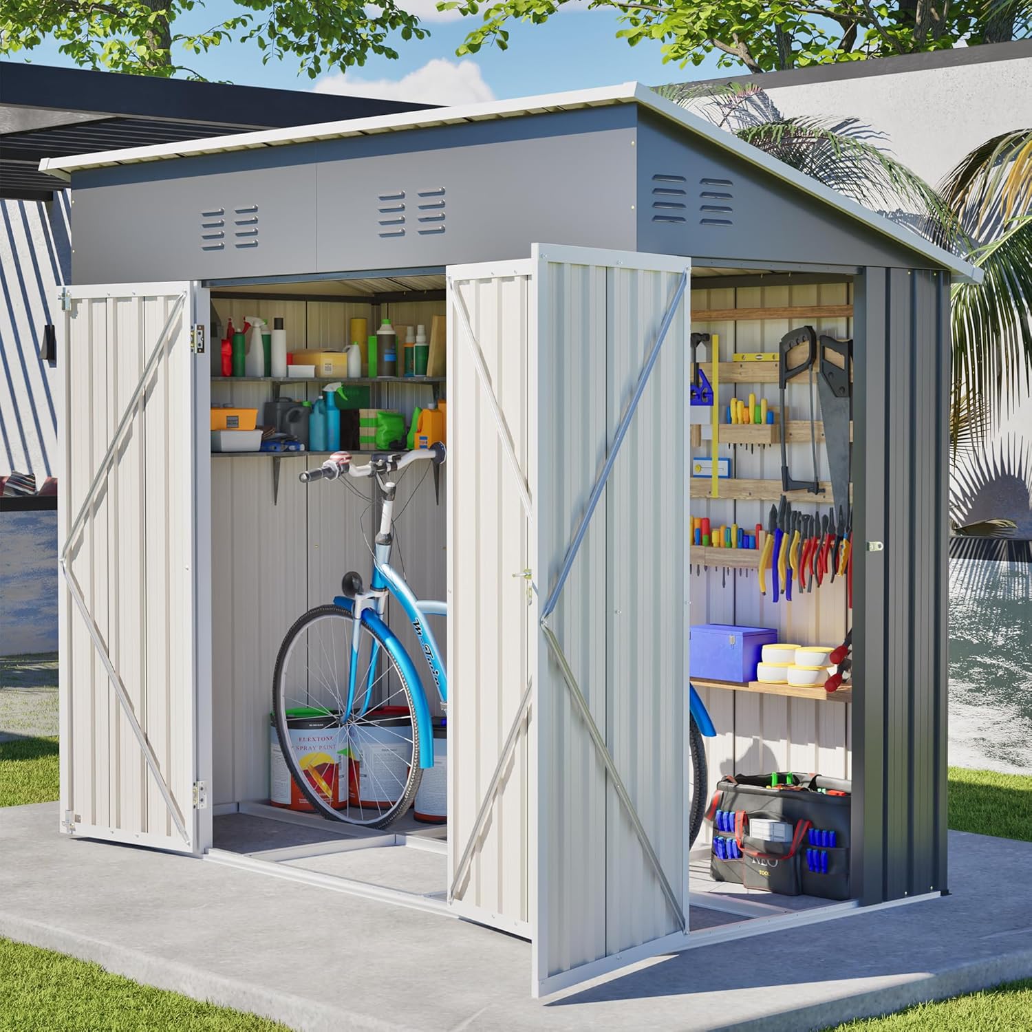 YOPTO 4x8 FT Outdoor Storage Shed with Floor Frame,Metal Shed W/Left/Right Optional Lockable Door,Heavy-Duty Garden Tool Storage House W/ 4 Air Vents & Sloping Roof,for Backyard,Patio,Lawn,Gray
