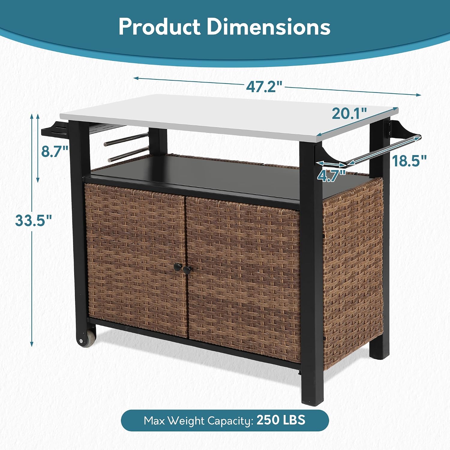 Patio Grill Cart with Wicker Storage, Outdoor Kitchen Island Serving Cart with Stainless Steel Table Top, Outdoor Prep Table and Rolling Wheels, for BBQ, Patio, Brown