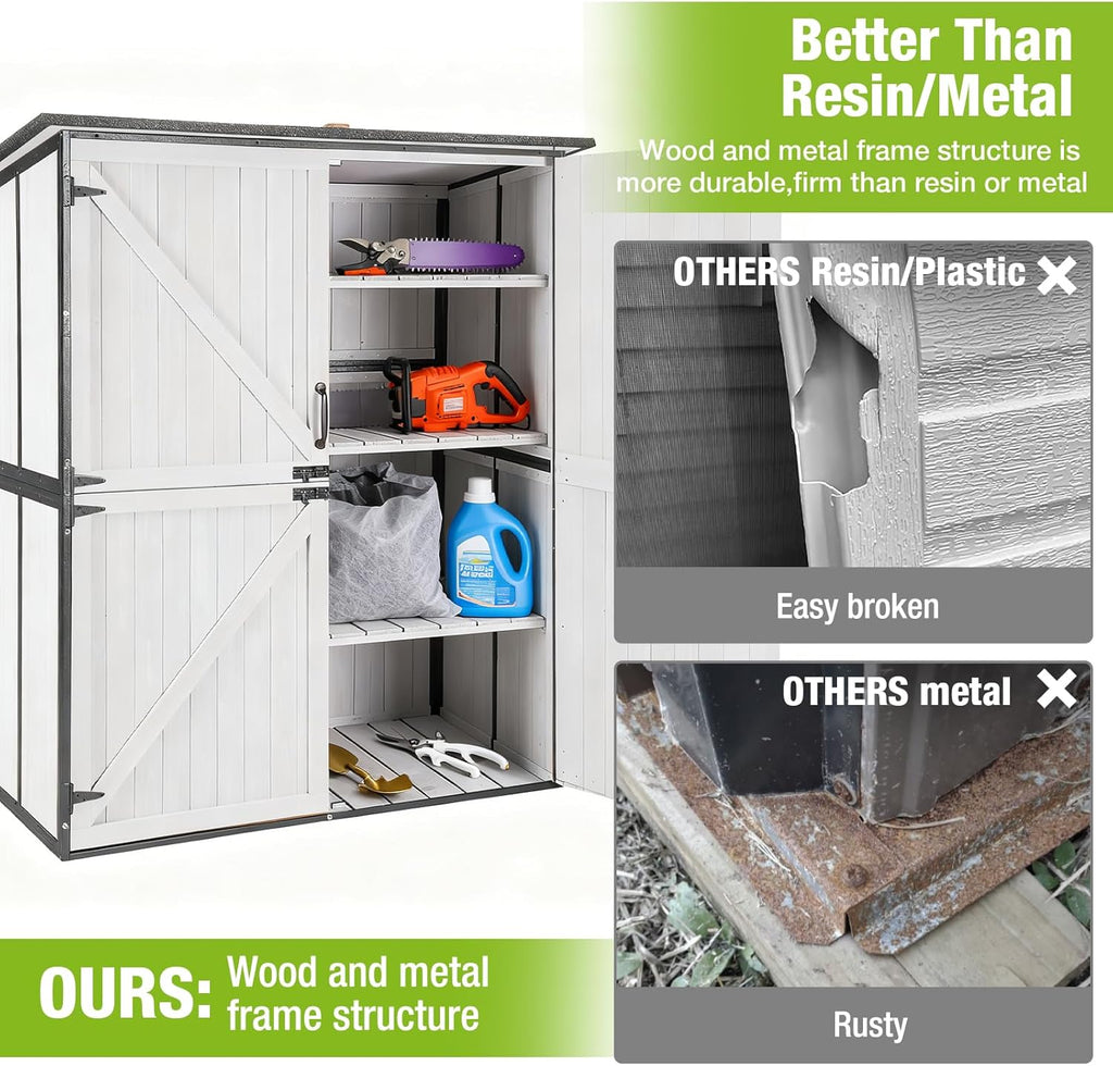 GUTINNEEN Outdoor Storage Cabinet Durable Metal Frame and Solid Wood Vertical Tool Shed with 3 Adjustable Height Shelves and Bottom Floor for Patio, Garden, Backyard, 55' L x 29' W x 67' H