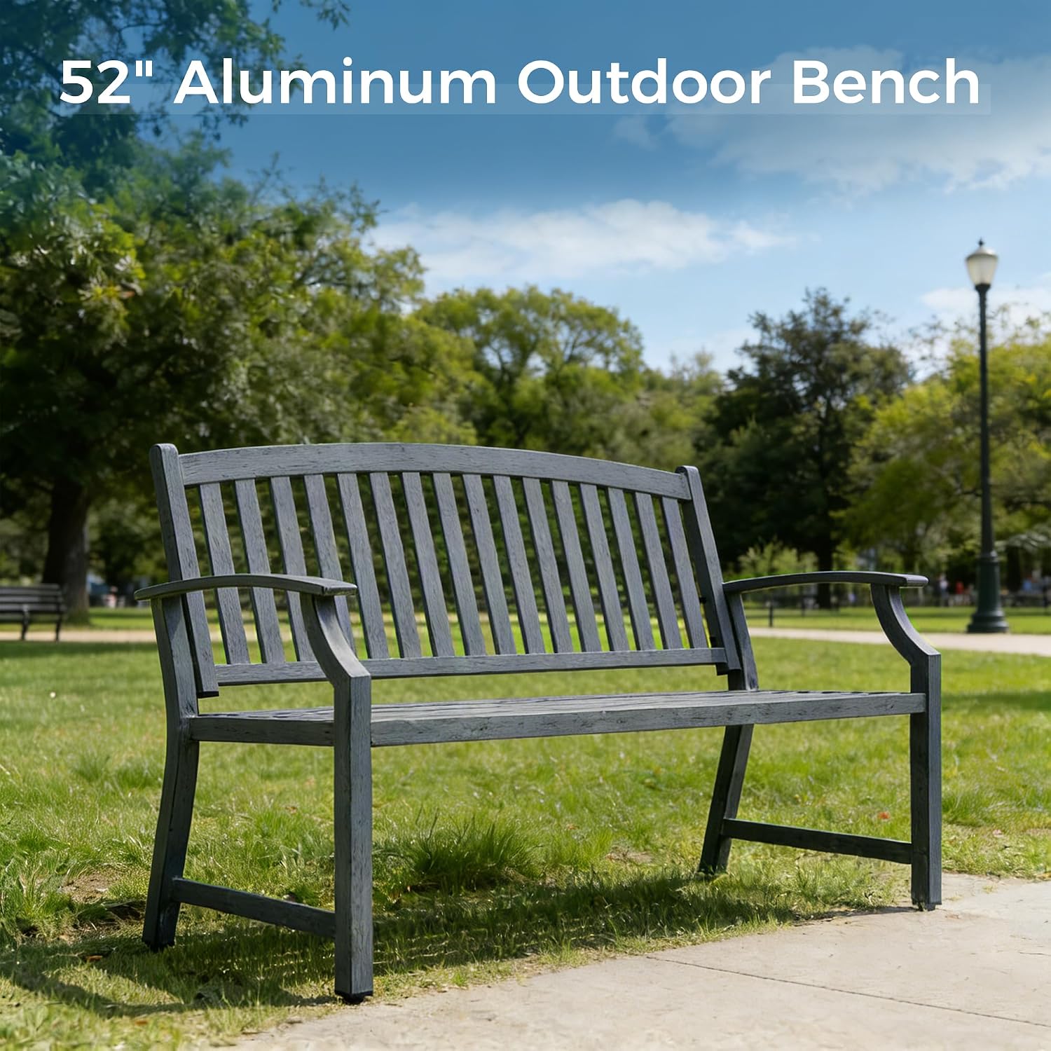 Grand patio 52' Farmhouse Outdoor Bench, Garden Benches with Anti-Rust Aluminum Metal Frame, Faux Wood Grain Finish Frame Patio Bench for Front Porch, Weathered Blue
