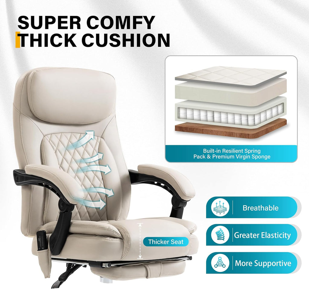 6-Point Massage Office Chair with Heated, Ergonomic Office Chair with Footrest & 45°Reclining High Back, Big and Tall Executive Office Chair 500LBS, Thick Cushion Desk Chair for Home Office, Beige(PU)