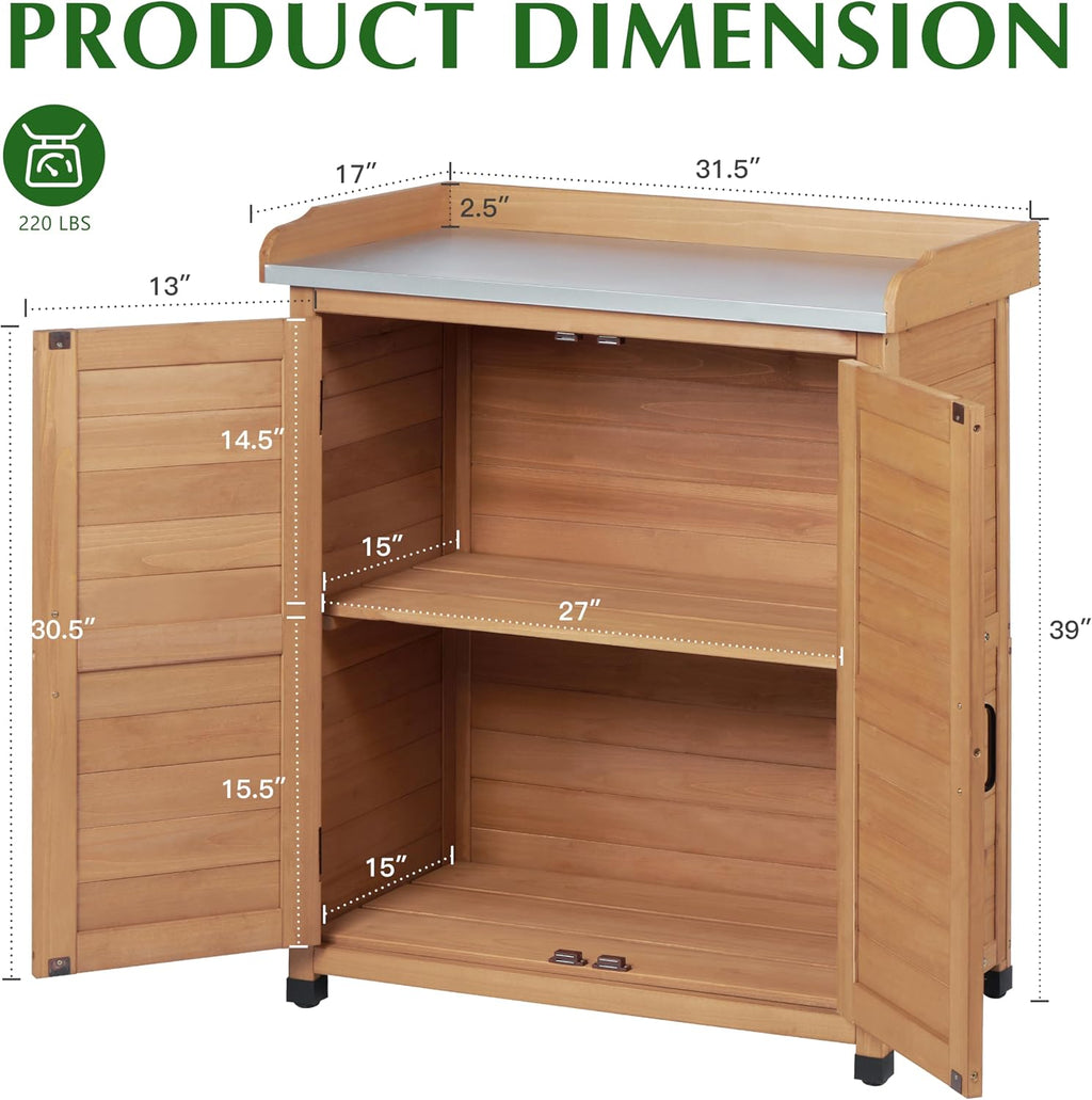 Outdoor Storage Cabinet & Potting Bench Table with Metal Top, Wooden Patio Furniture, Garden Workstation (Light Brwon, 39x31.5x17in)
