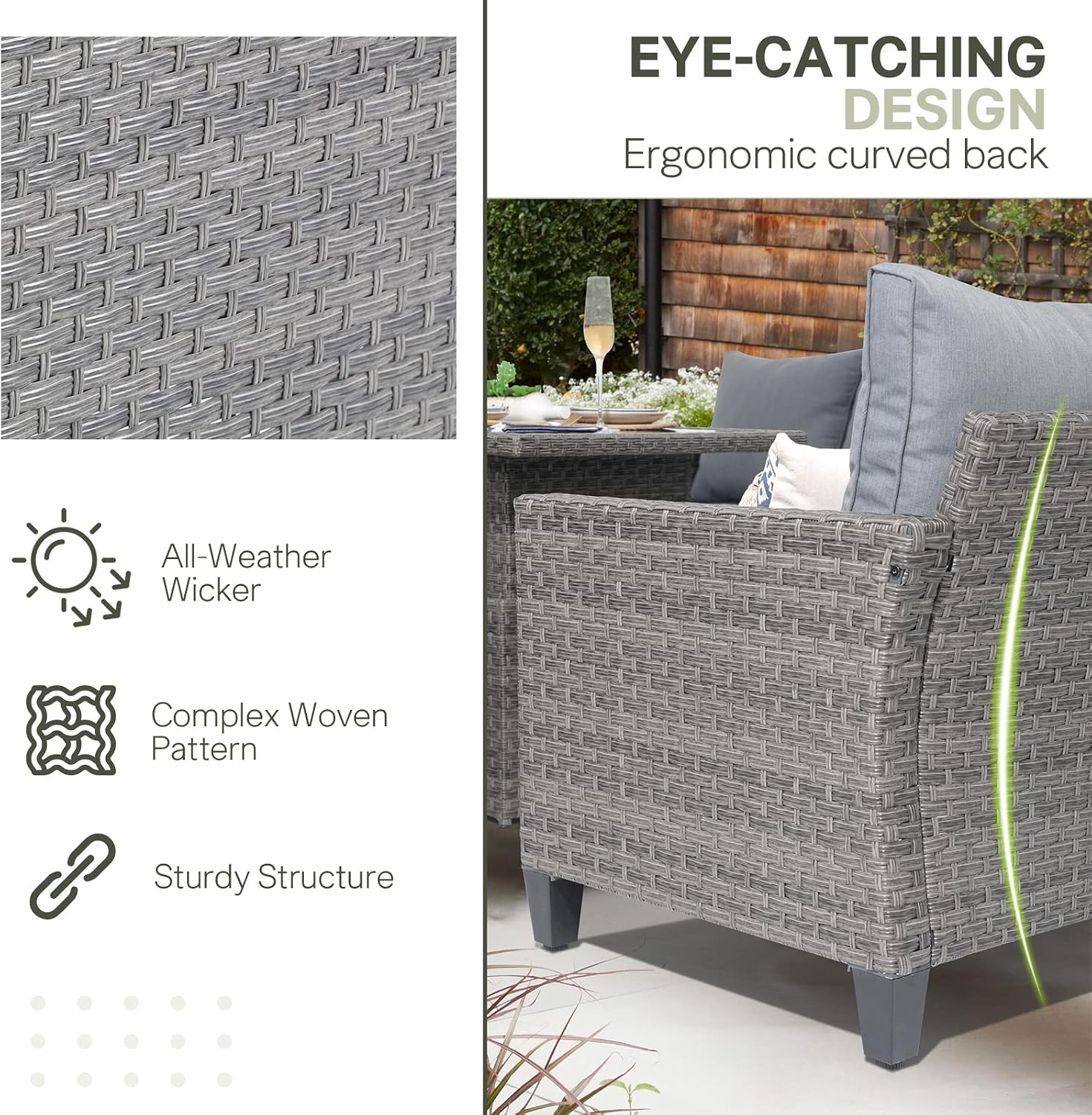 SUNSITT Outdoor Patio Furniture Set 5 Piece Wicker Conversation Set with Lift Coffee Table Sectional Dining Set 3 Seat Sofa Couch with Loveseat, Grey Wicker & Grey Cushion