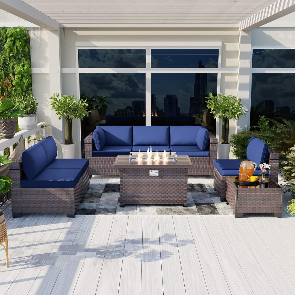 Kullavik 8 Pieces Outdoor Patio Furniture Set with 43' 55000BTU Gas Propane Fire Pit Table PE Wicker Rattan Sectional Sofa Patio Conversation Sets,Navy Blue
