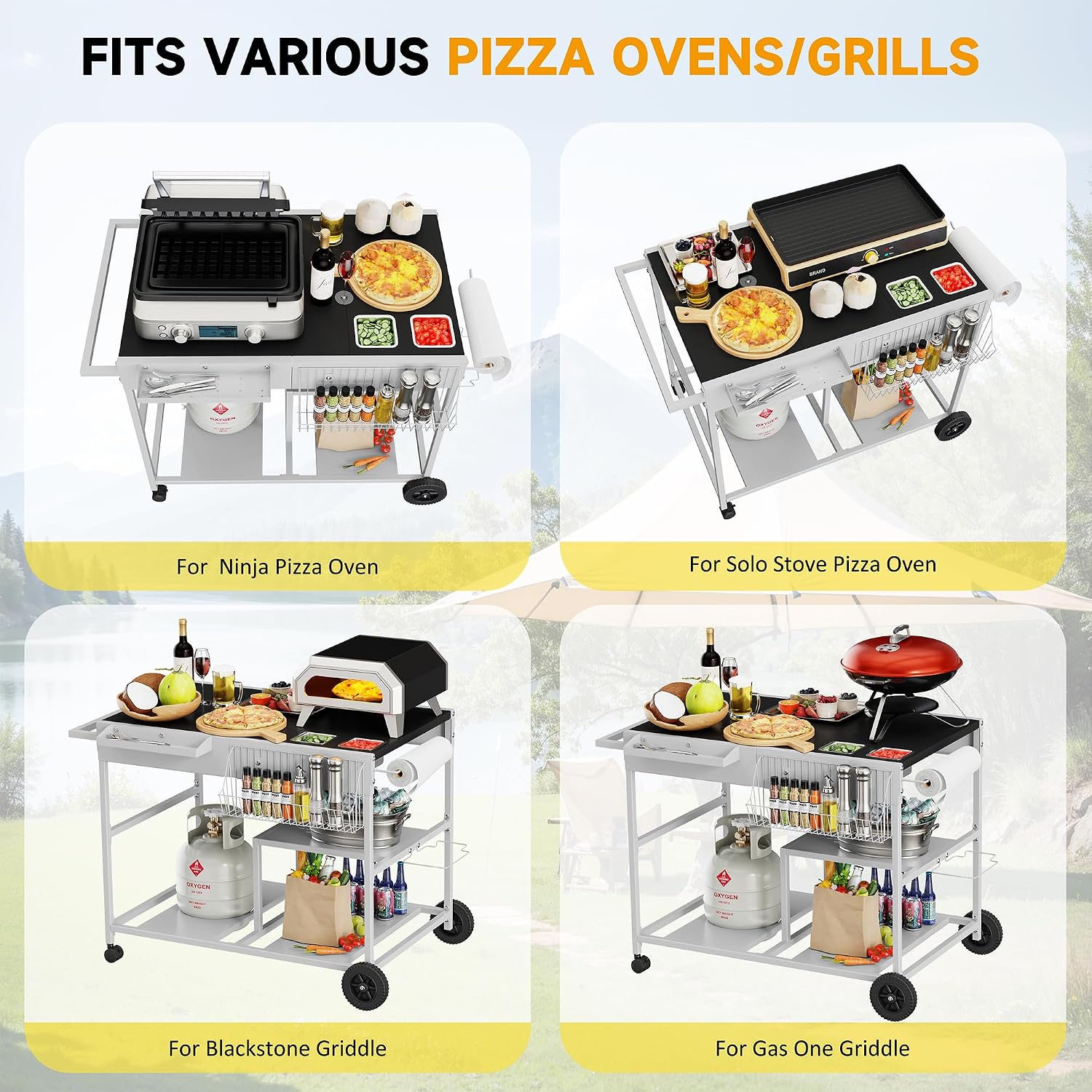 JY QAQA Outdoor Pizza Oven Stand with Condiment Shelf, Outdoor Cooking Cart, Grill Worktable for Patio, Food Prep Station Fits Ninja Woodfire Grill, Cuisinart Grill, Blackstone Griddle