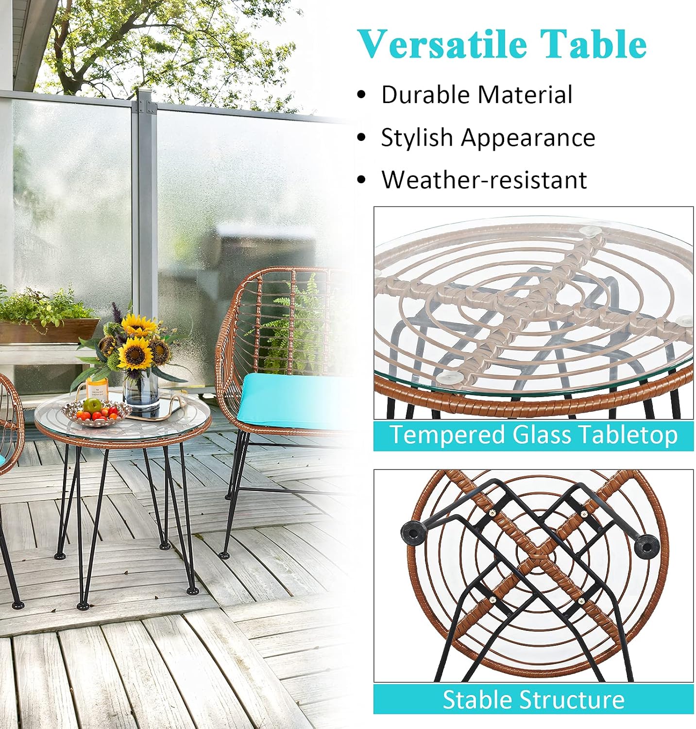 COSTWAY 3 Pieces Patio Bistro Set, Outdoor Rattan Conversation Seating Chair Set with Coffee Table & Soft Cushions, Indoor Wicker Furniture Set for Garden, Balcony, Porch, Pool, Turquoise