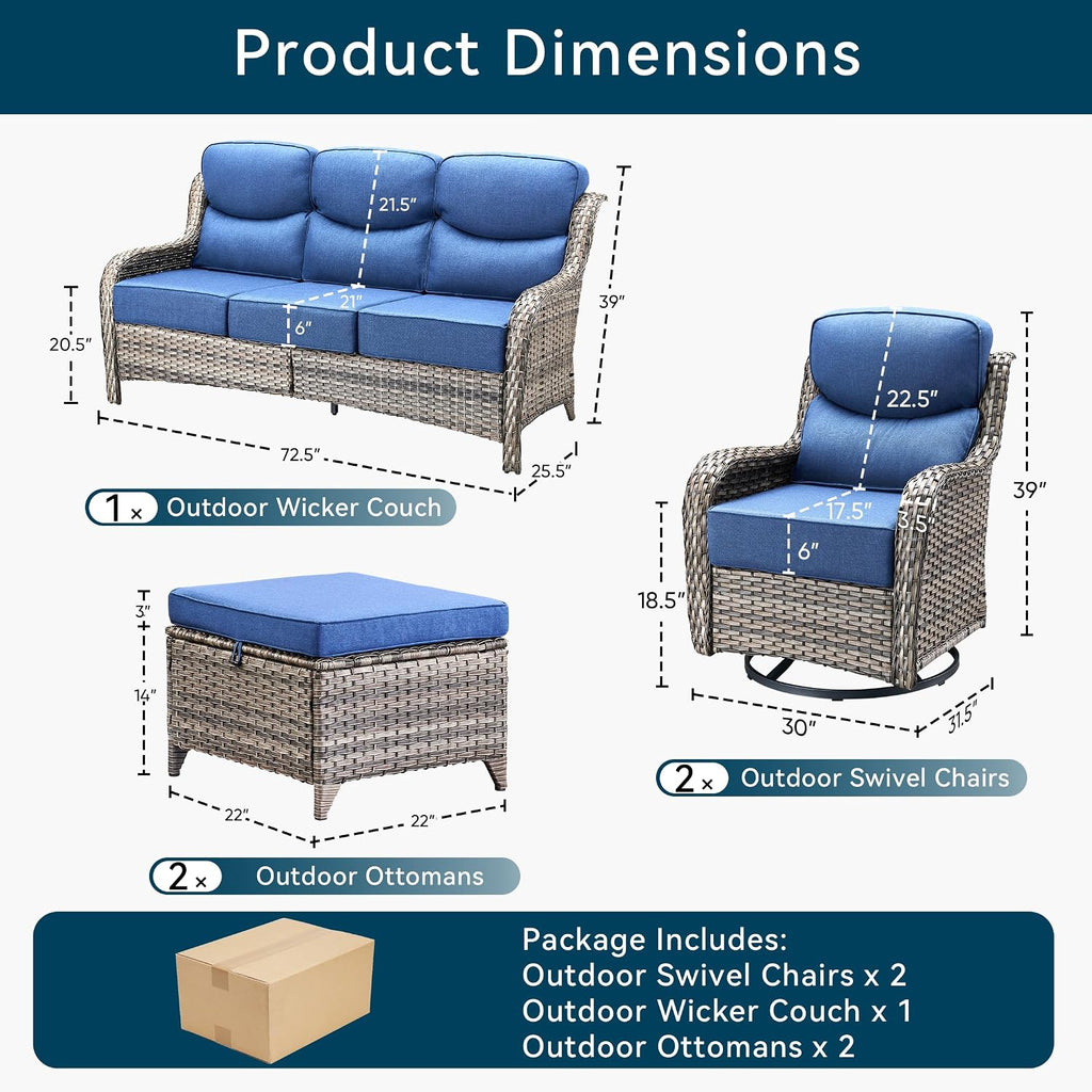 Luxury High Back Outdoor Furniture with 6-Inch Thick Cushions, Patio Furniture Set with Swivel Chairs, 5 PCS Wicker Conversation Set for Porch, Balcony, Deck and Yard